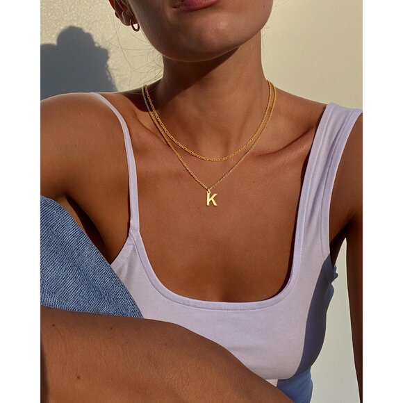 Trendy 14K Gold Initial Necklace with Cuban & Figaro Chains - Women’s Jewelry - Picture 3 of 6